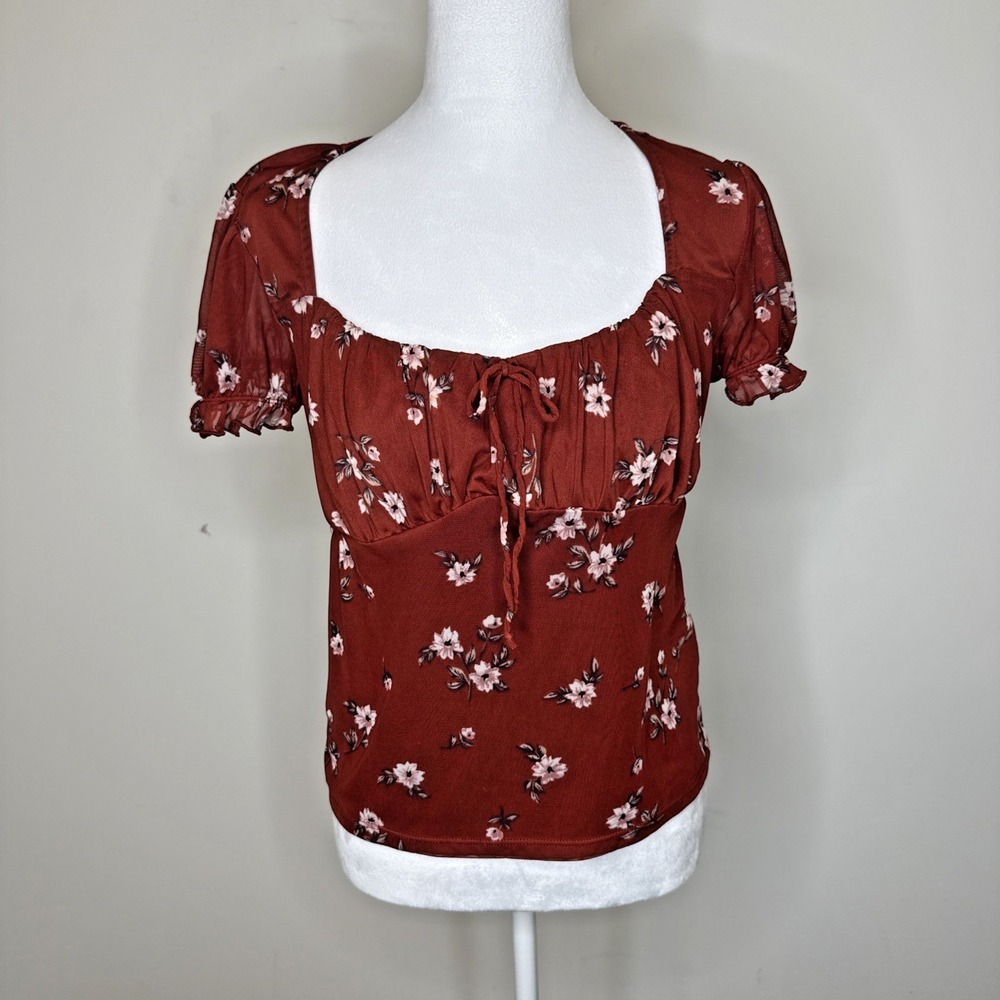 Y2K Cottagecore Milkmaid Mesh Peasant Top Whimsigoth Floral Tie Front Fairy L